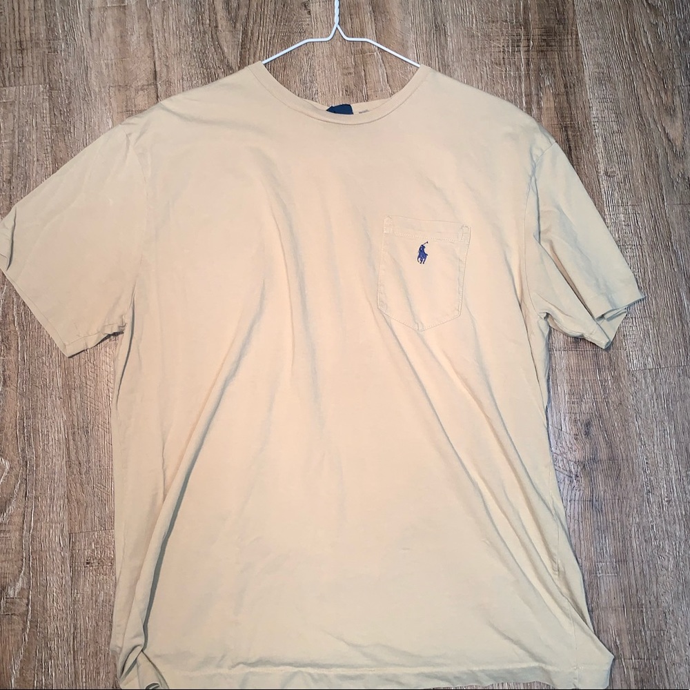 Tan with navy pony RL polo pocket tee
